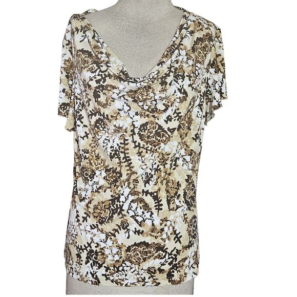 Tan Cowl Neck Patterned Short Sleeve Blouse Size Large - Picture 1 of 3